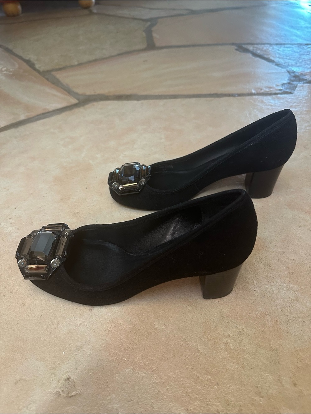 Tory Burch Black Suede Embellished Mid Heel Pumps